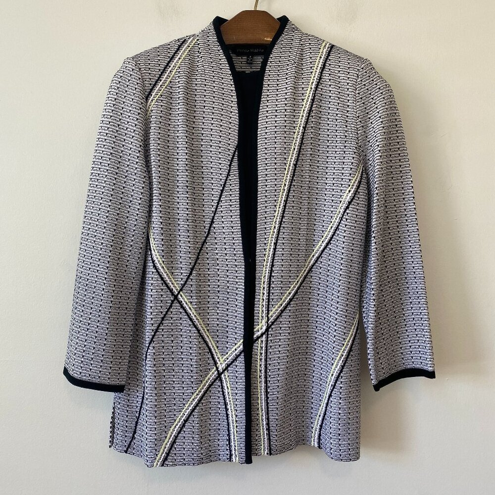 Ming Wang Knit Jacket Tank Set Womens Small Black White Yellow 3/4 Sleeves